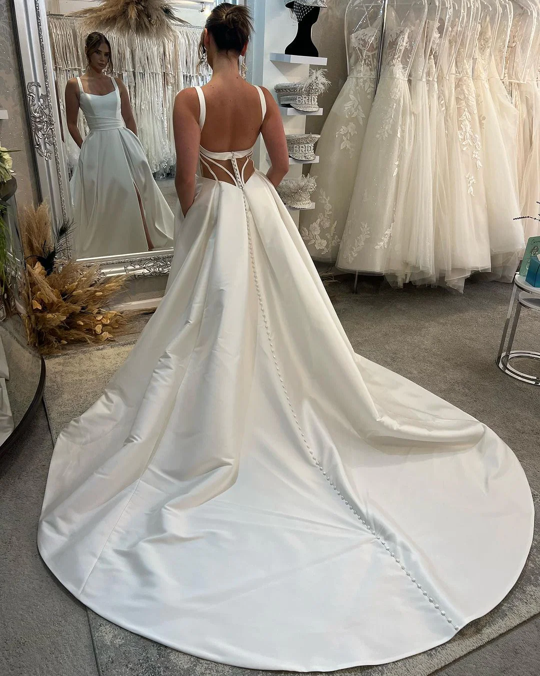 Classic Long Ivory A-line Straps Satin Sleeveless Backless Wedding Dress With Slit - Image 2