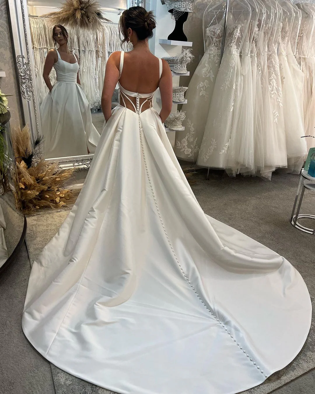 Classic Long Ivory A-line Straps Satin Sleeveless Backless Wedding Dress With Slit - Image 3