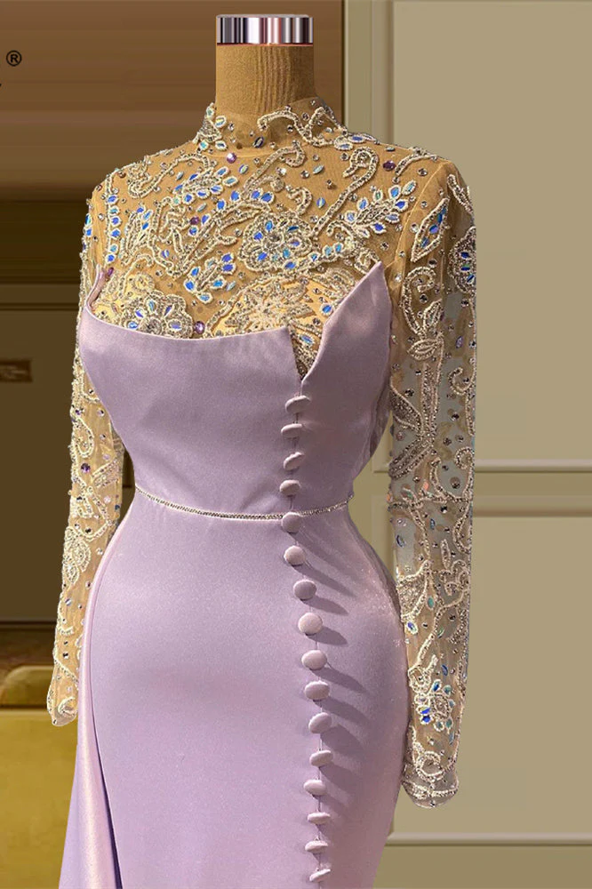 Charming Long Mermaid High Neck Lace Beading Evening Prom Dresses With Long Sleeves - Image 2