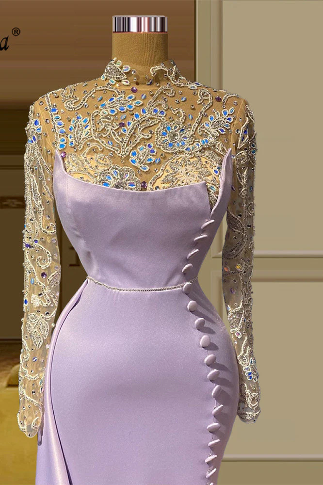 Charming Long Mermaid High Neck Lace Beading Evening Prom Dresses With Long Sleeves - Image 3