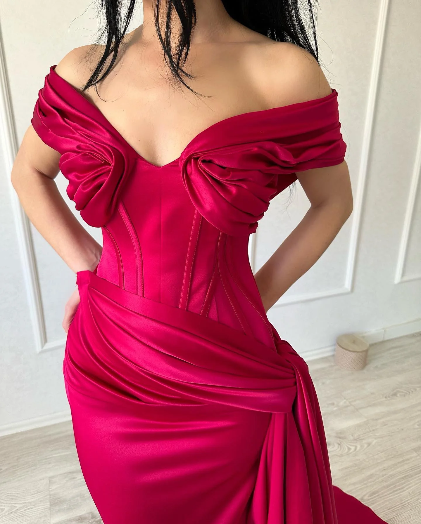 Classic Long Mermaid Off-the-shoulder Sleeveless V-neck Satin Fuchsia Prom Dress - Image 2