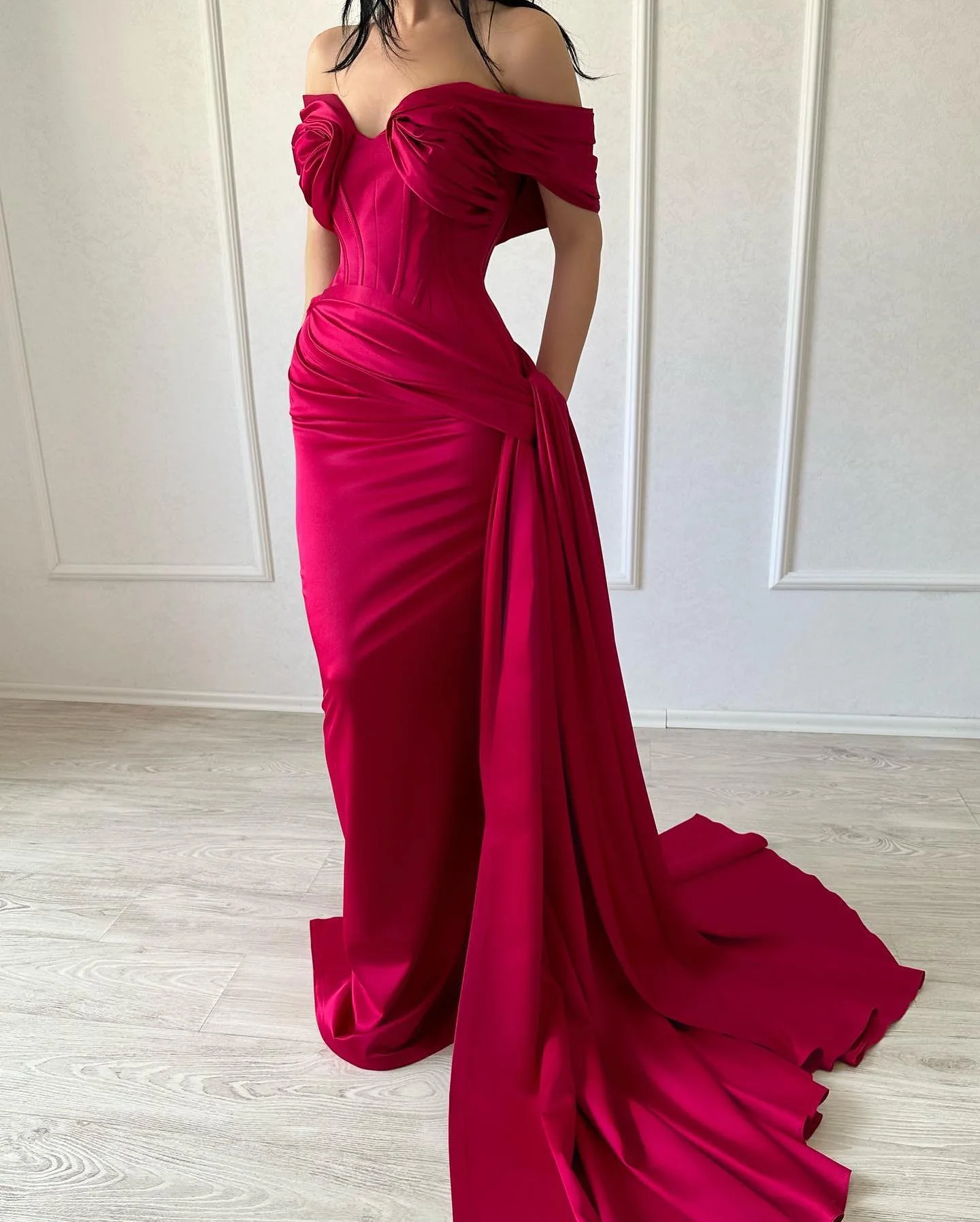 Classic Long Mermaid Off-the-shoulder Sleeveless V-neck Satin Fuchsia Prom Dress - Image 3