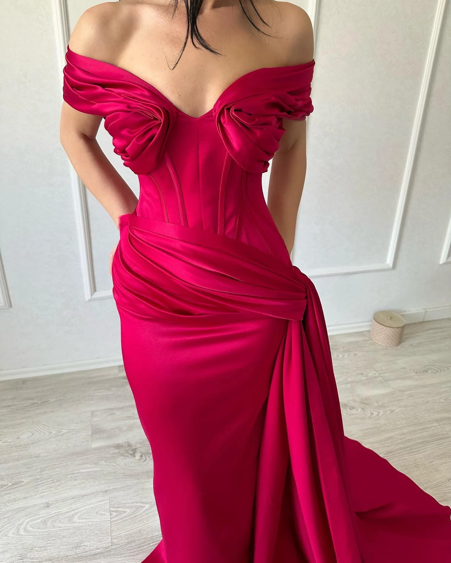 Classic Long Mermaid Off-the-shoulder Sleeveless V-neck Satin Fuchsia Prom Dress - Image 4