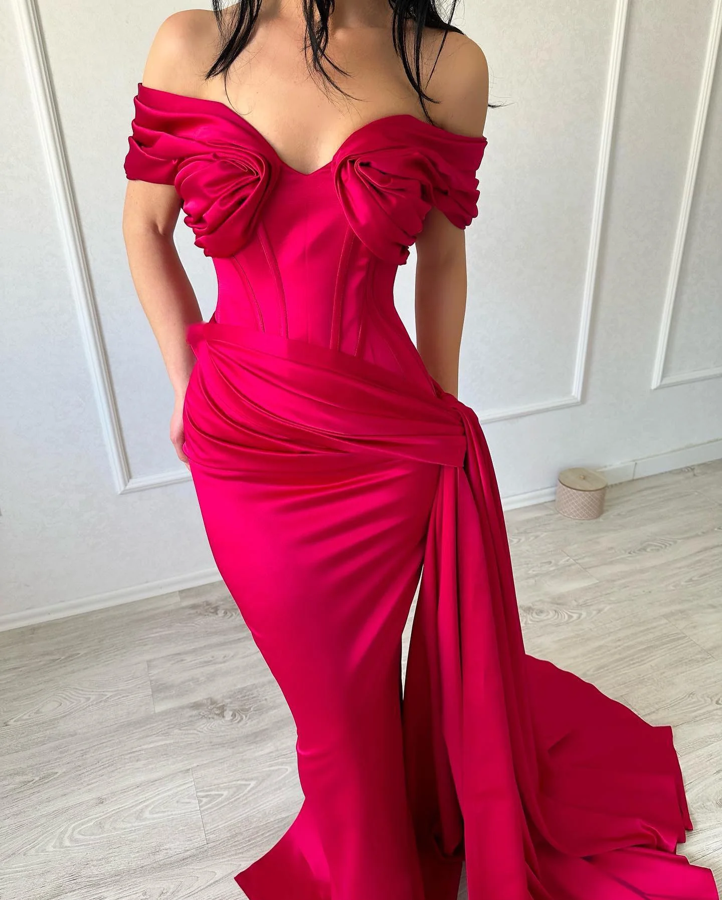 Classic Long Mermaid Off-the-shoulder Sleeveless V-neck Satin Fuchsia Prom Dress - Image 5