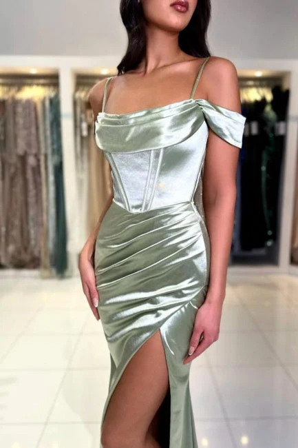 Classic Long Mermaid Gorgeous Spaghetti Straps Off-the-shoulder Satin Prom Dress With Slit - Image 5