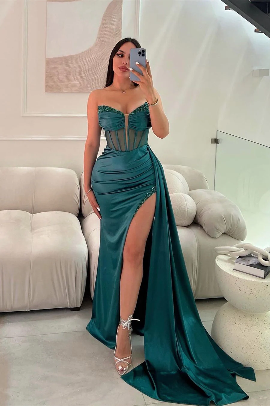 Classic Long Mermaid Sleeveless Glitter Prom Dress With Slit - Image 3