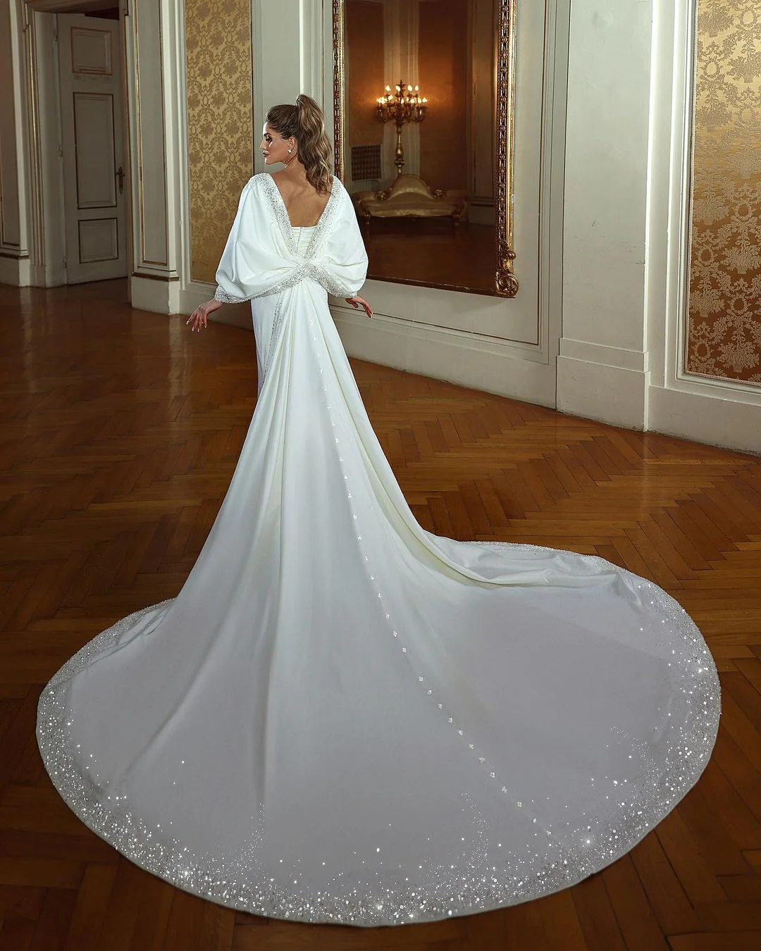 Charming Long Mermaid Sweetheart Long Sleeves Beading Wedding Dress With Train - Image 2