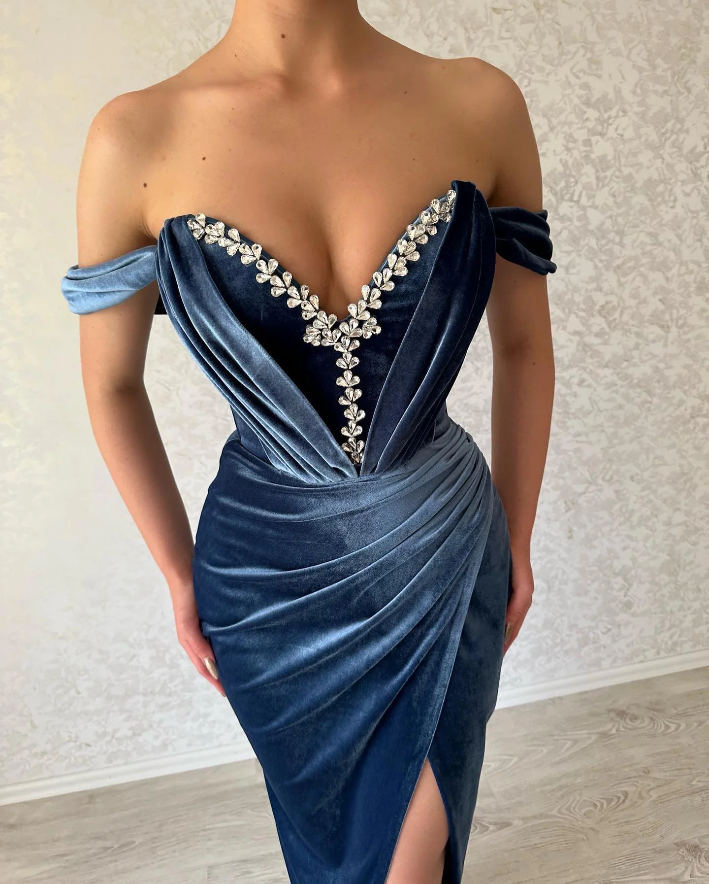Charming Long Navy Off-the-Shoulder Ankle Length Prom Dresses Long Slit Online - Image 2