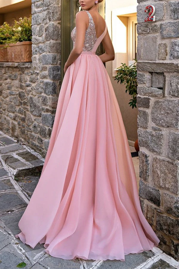 Charming Long Pink V-Neck Glitter Sleeveless Prom Dresses Long Slit Online - Image 2