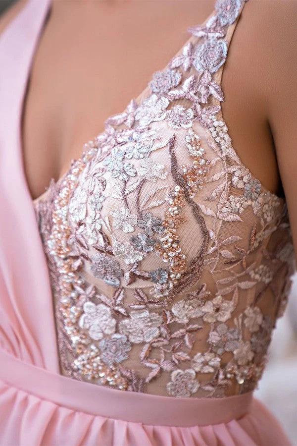 Charming Long Pink V-Neck Glitter Sleeveless Prom Dresses Long Slit Online - Image 3