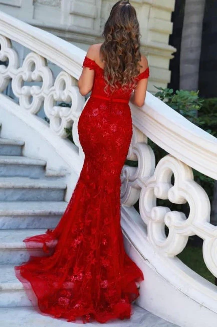 Charming Red Off-the-shoulder Mermaid Long Prom Dresses with Glitter - Image 2