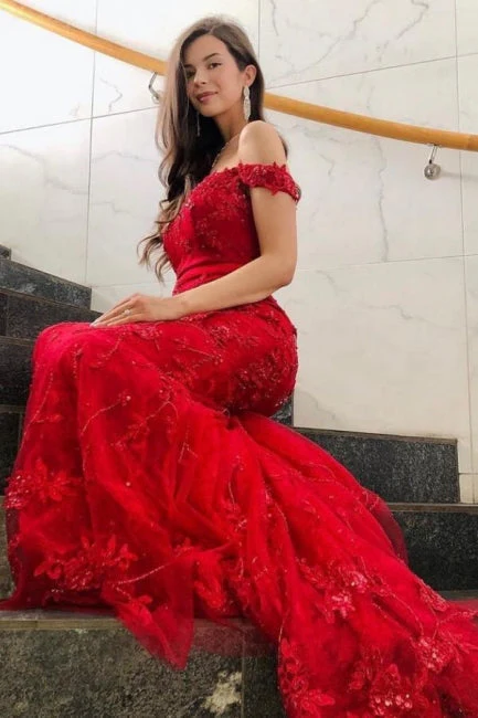 Charming Red Off-the-shoulder Mermaid Long Prom Dresses with Glitter - Image 3
