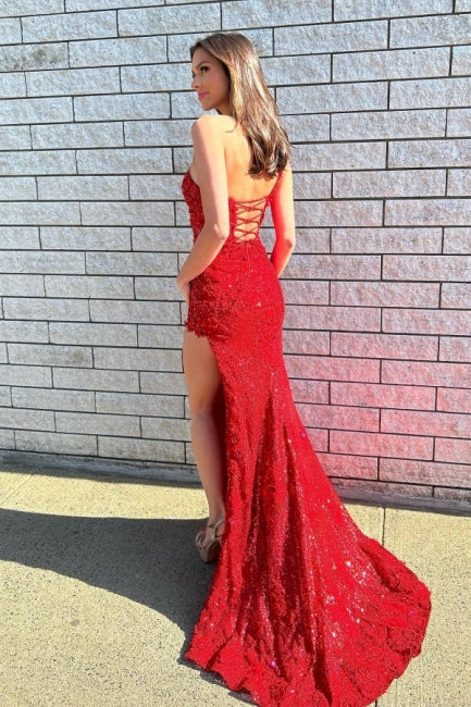 Gorgeous Long Red One Shoulder Graduation Dresses Glitter Lace Prom Dresses With Split Online - Image 2