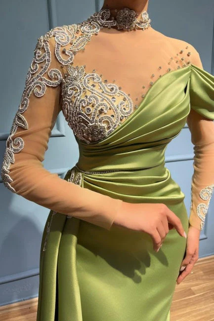 Gorgeous Sage Green High Neck Prom Dress Mermaid Long Sleeves - Image 2