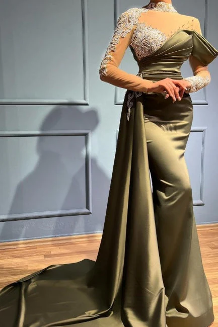 Gorgeous Sage Green High Neck Prom Dress Mermaid Long Sleeves - Image 3