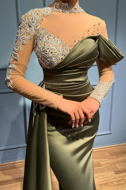 Gorgeous Sage Green High Neck Prom Dress Mermaid Long Sleeves - Image 4
