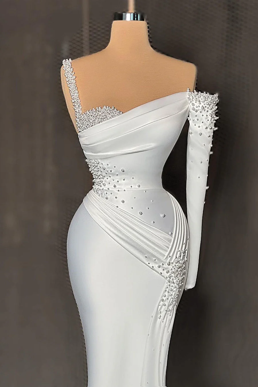 Charming Long Satin One-Shoulder Mermaid Evening Prom Dresses With Beading - Image 2