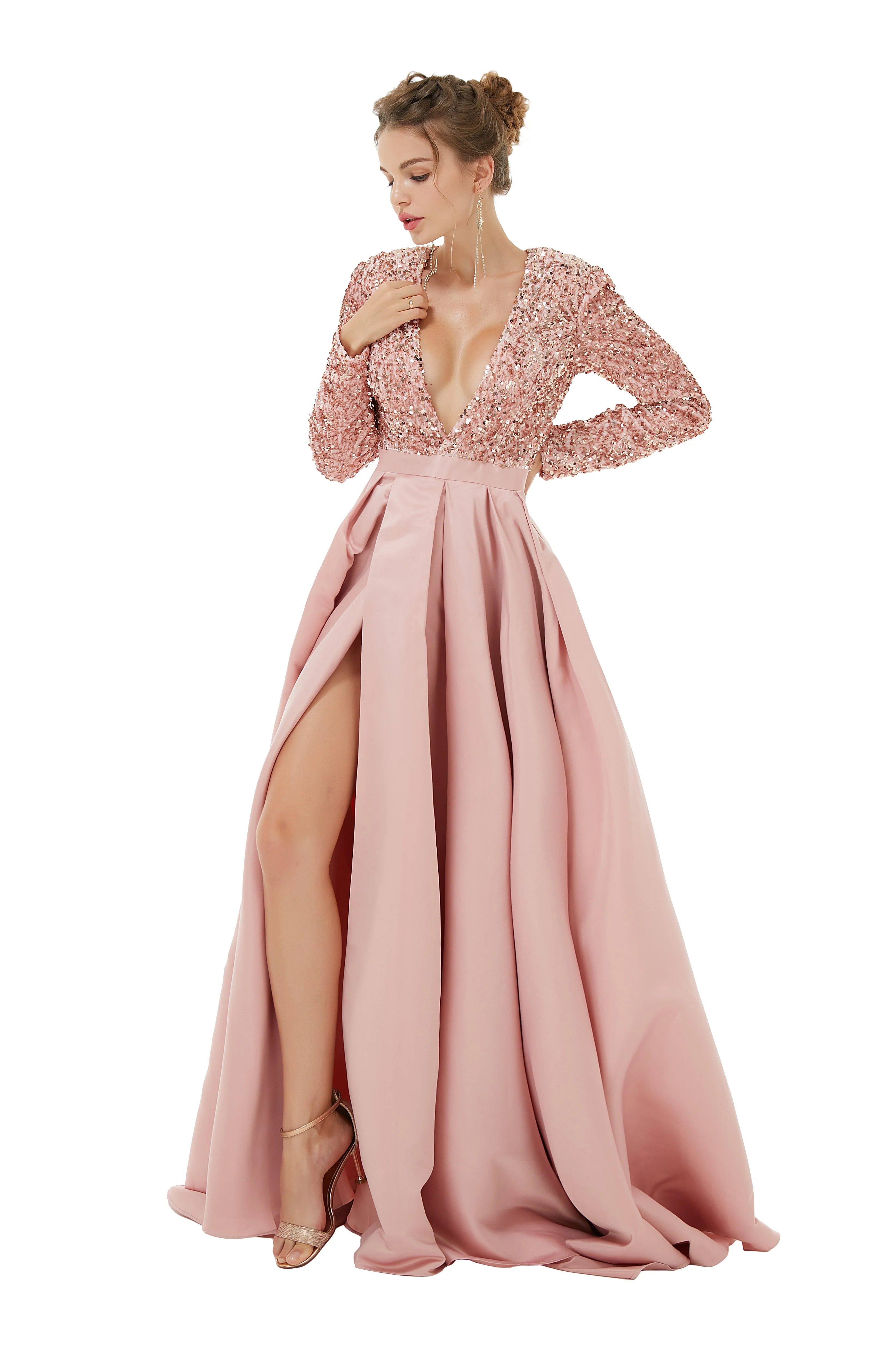 Elegant Long sleeve Deep V-neck Dark green Evening Dress | Ballbella Real Shooting - Image 10