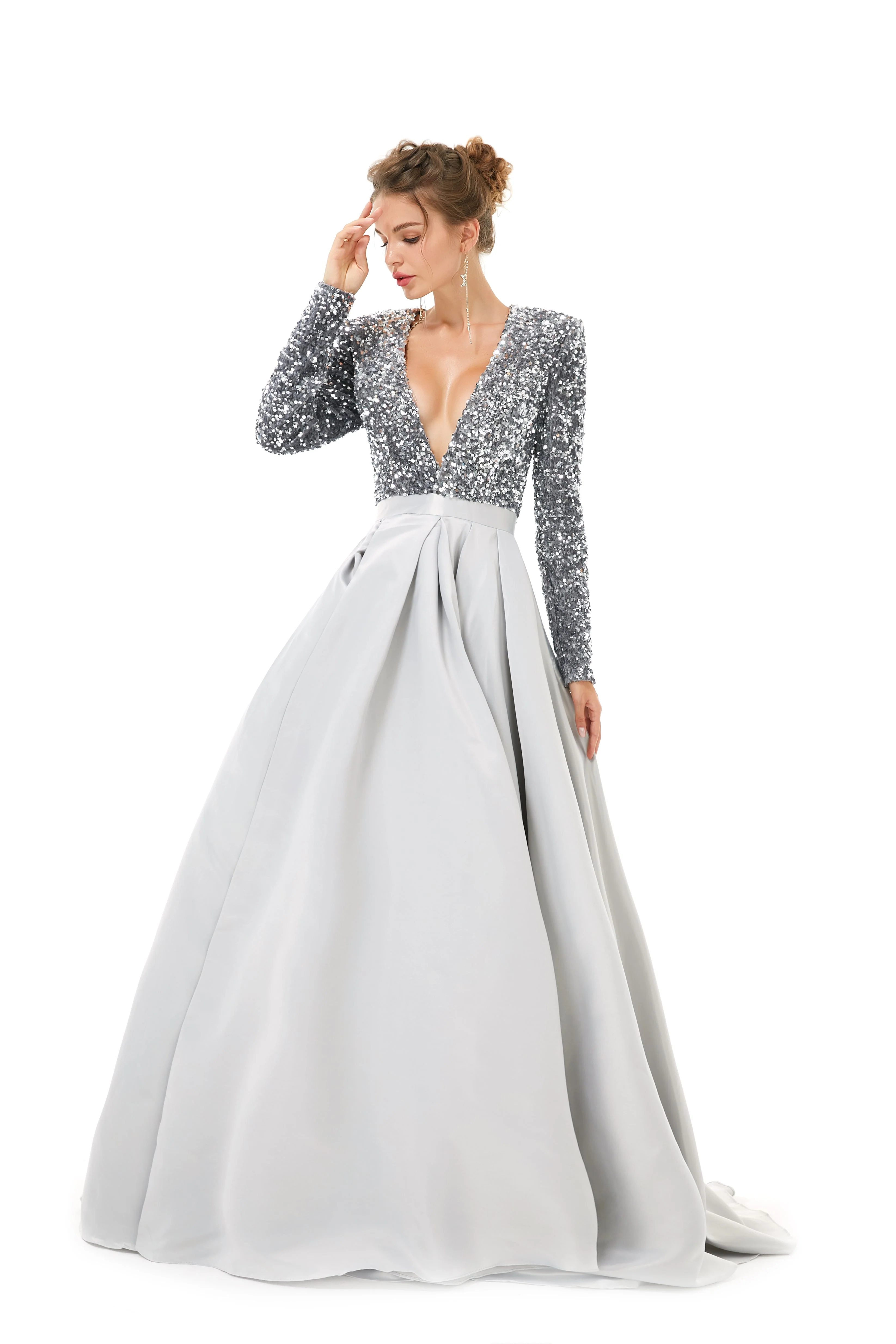 Elegant Long sleeve Deep V-neck Dark green Evening Dress | Ballbella Real Shooting - Image 11