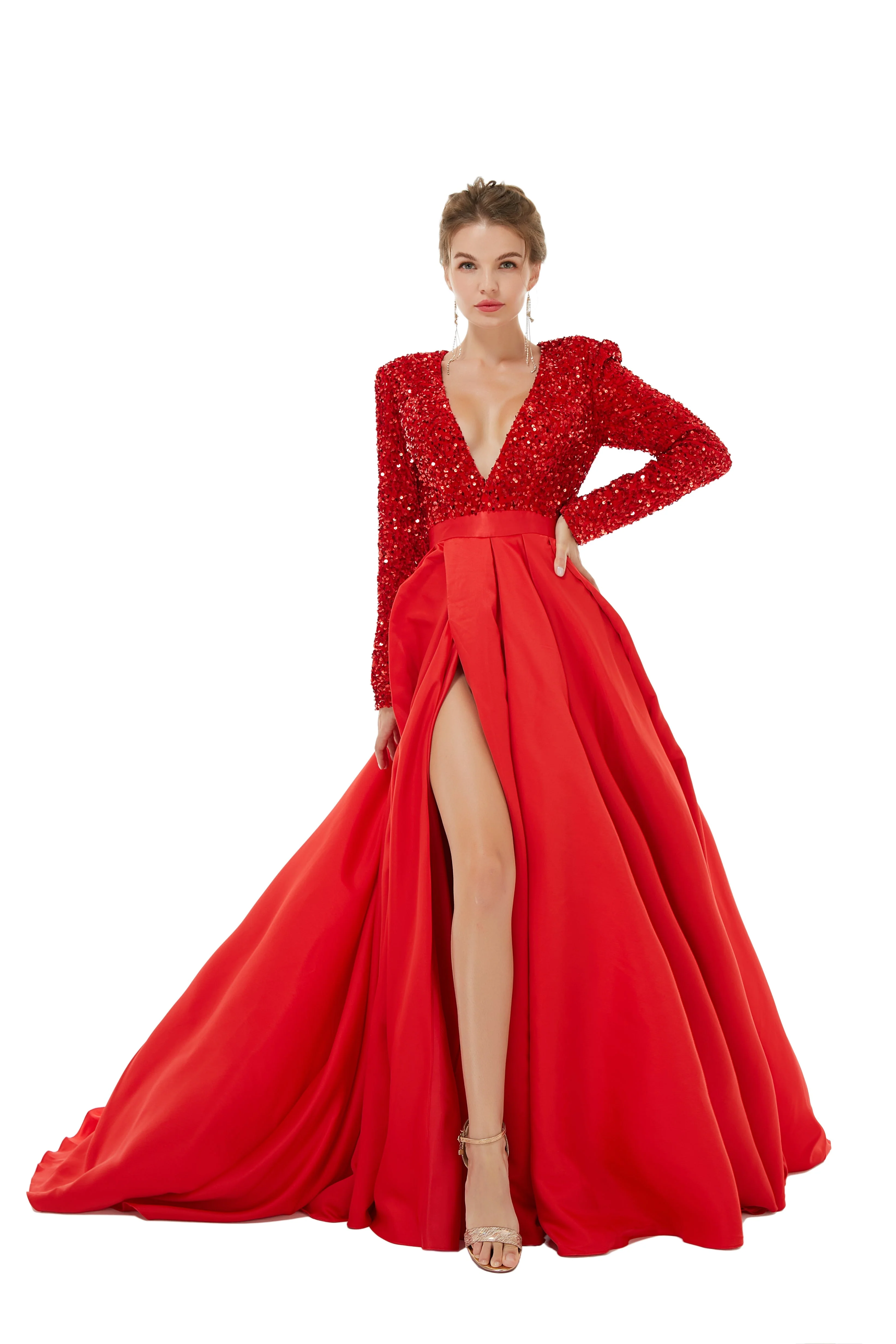 Elegant Long sleeve Deep V-neck Dark green Evening Dress | Ballbella Real Shooting - Image 15