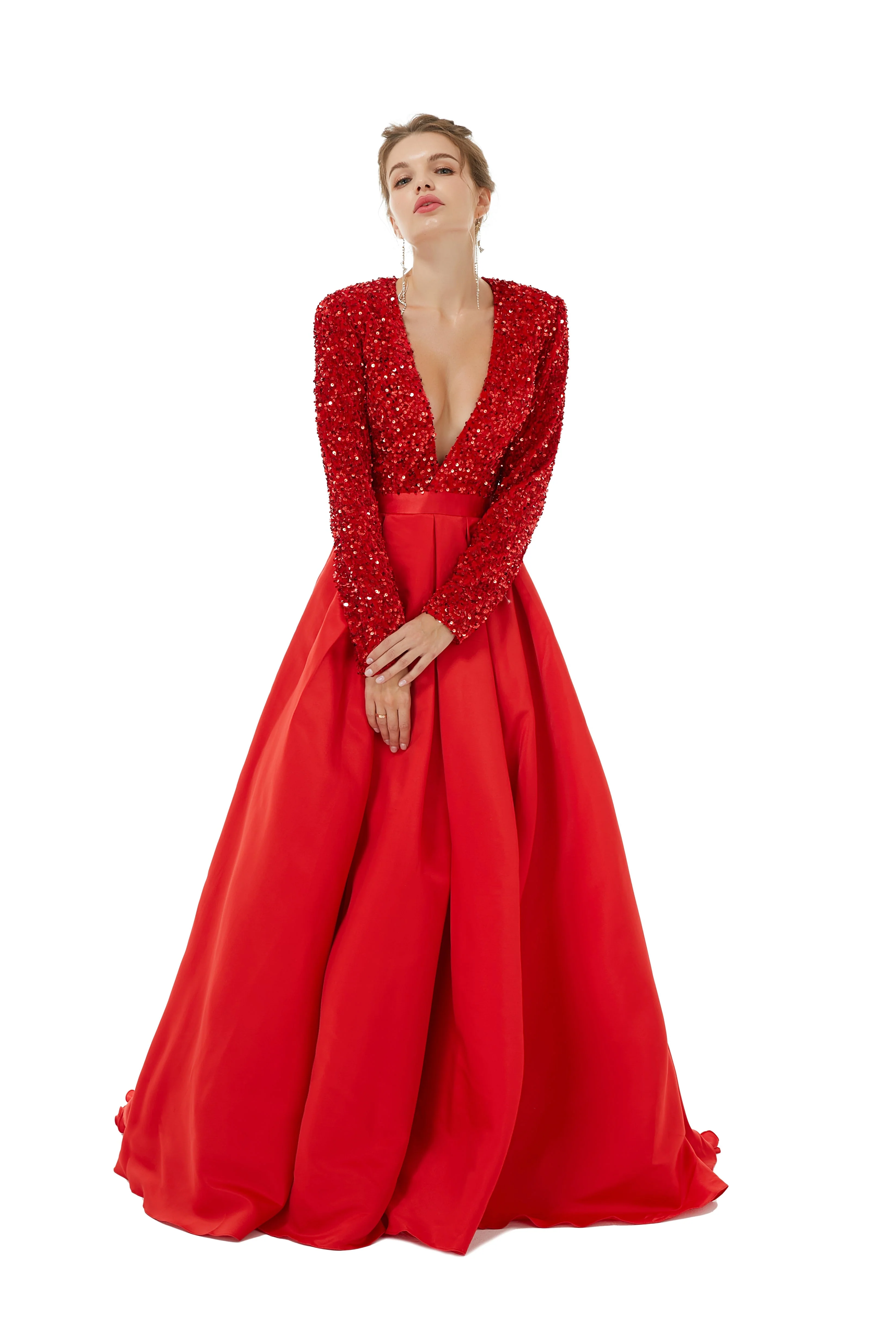 Elegant Long sleeve Deep V-neck Dark green Evening Dress | Ballbella Real Shooting - Image 16