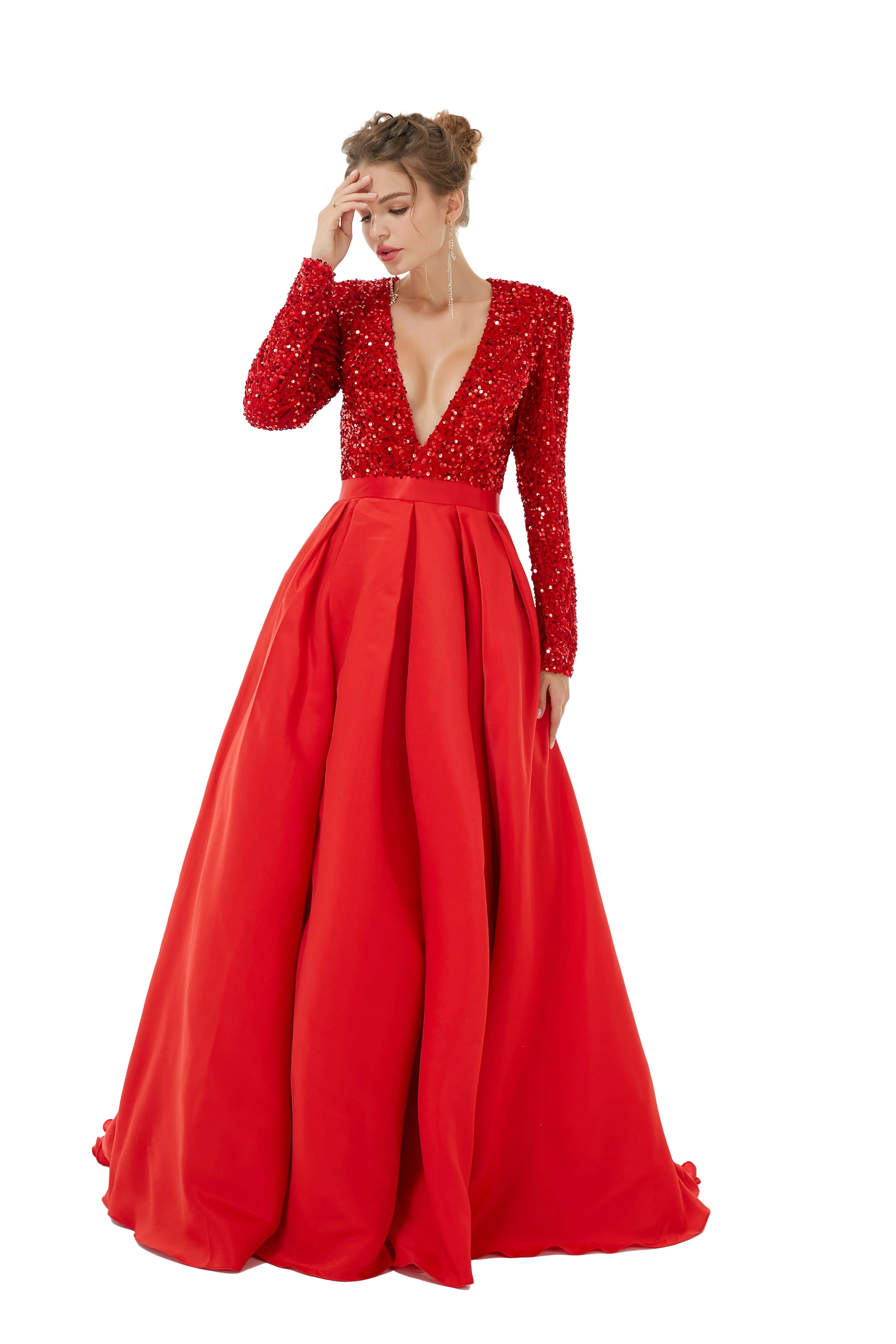 Elegant Long sleeve Deep V-neck Dark green Evening Dress | Ballbella Real Shooting - Image 17