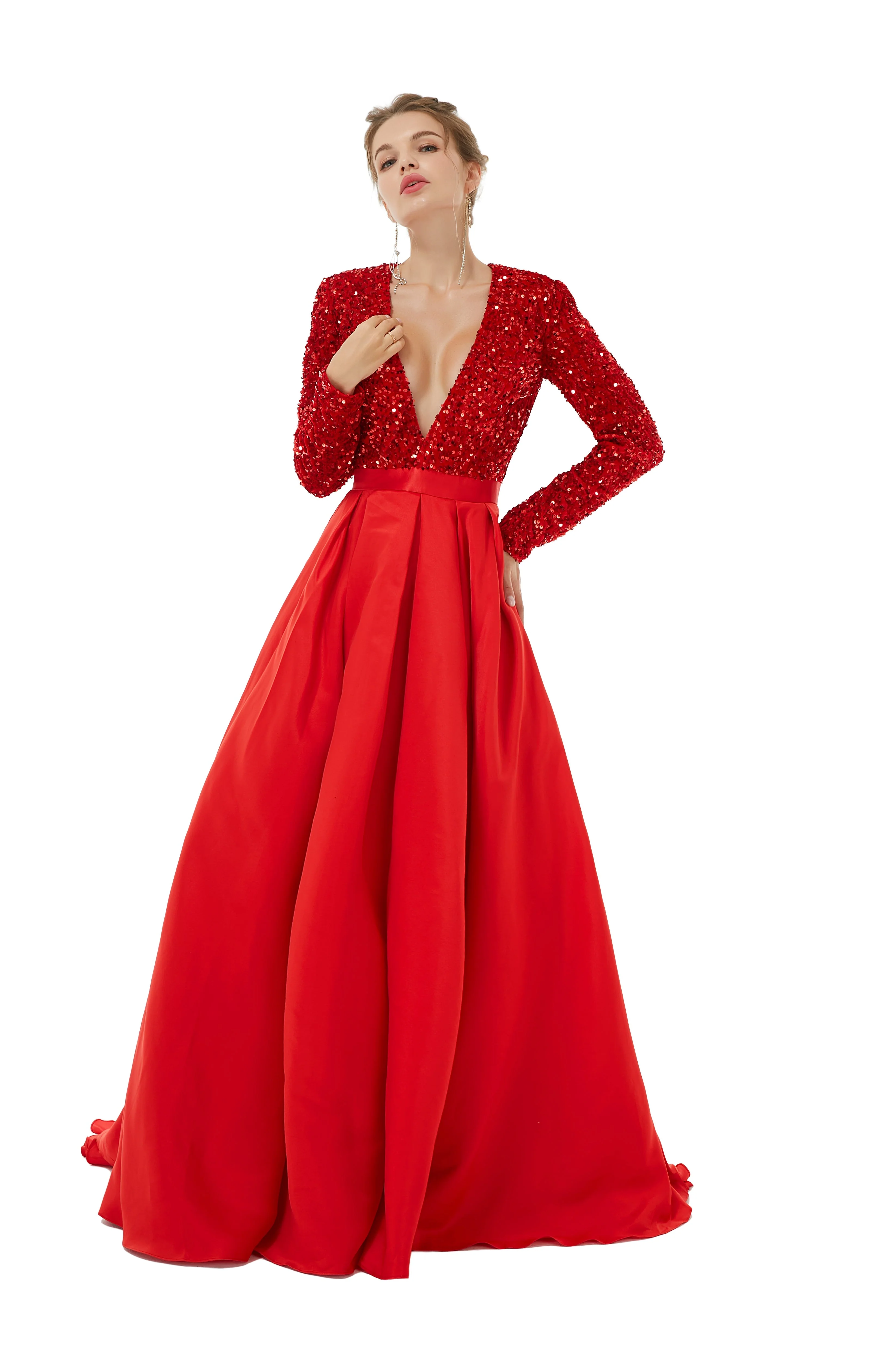 Elegant Long sleeve Deep V-neck Dark green Evening Dress | Ballbella Real Shooting - Image 18