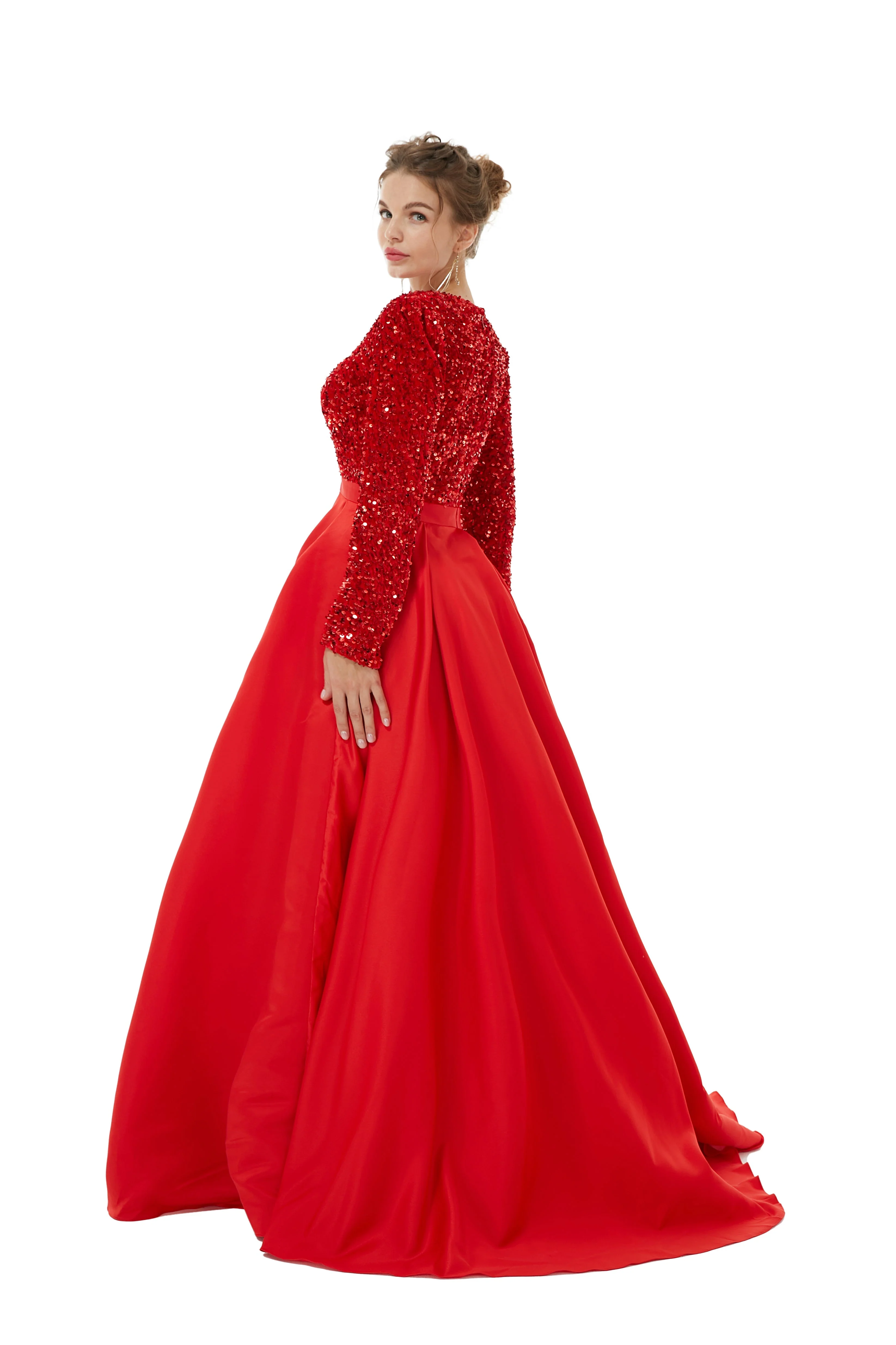 Elegant Long sleeve Deep V-neck Dark green Evening Dress | Ballbella Real Shooting - Image 19