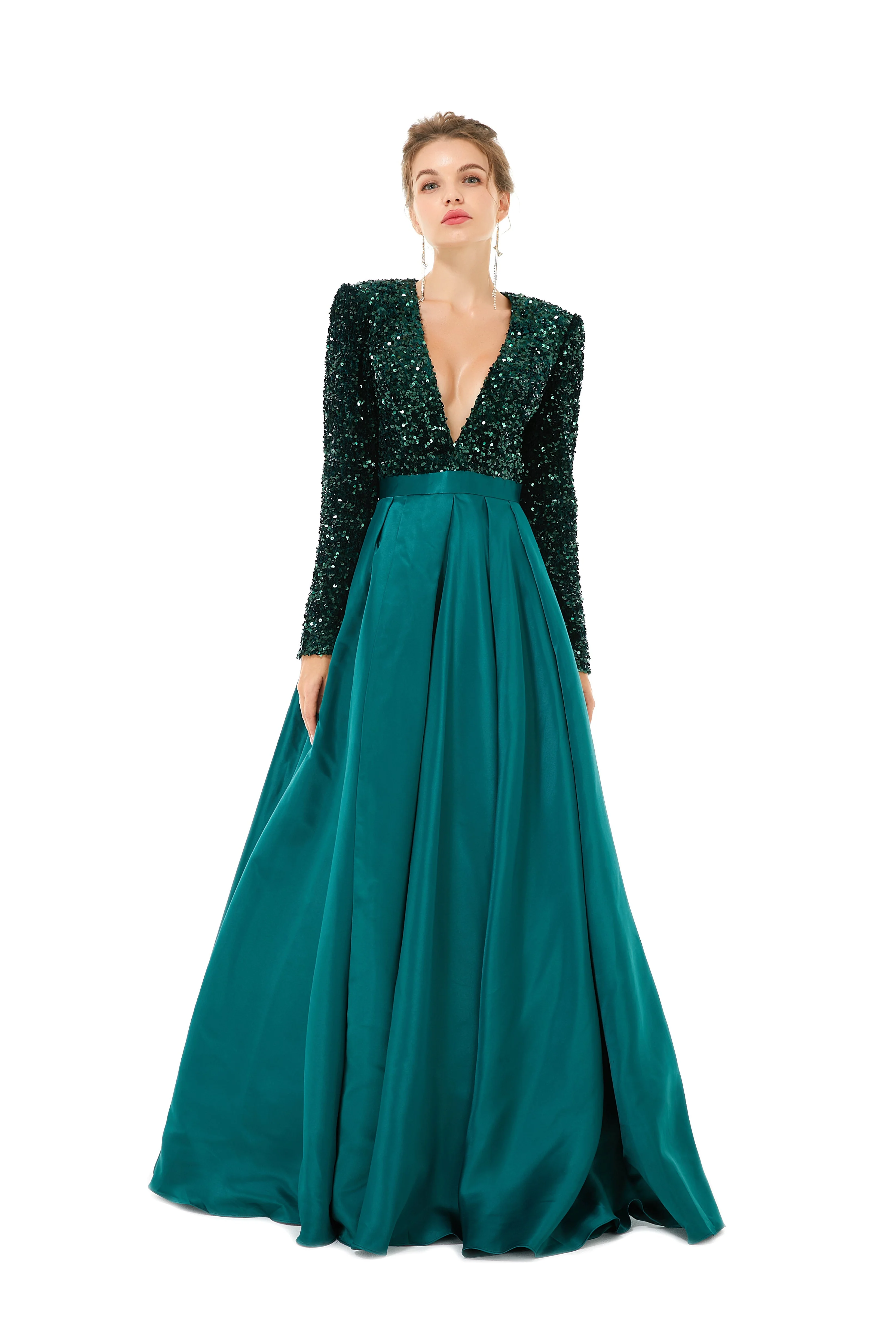 Elegant Long sleeve Deep V-neck Dark green Evening Dress | Ballbella Real Shooting - Image 2
