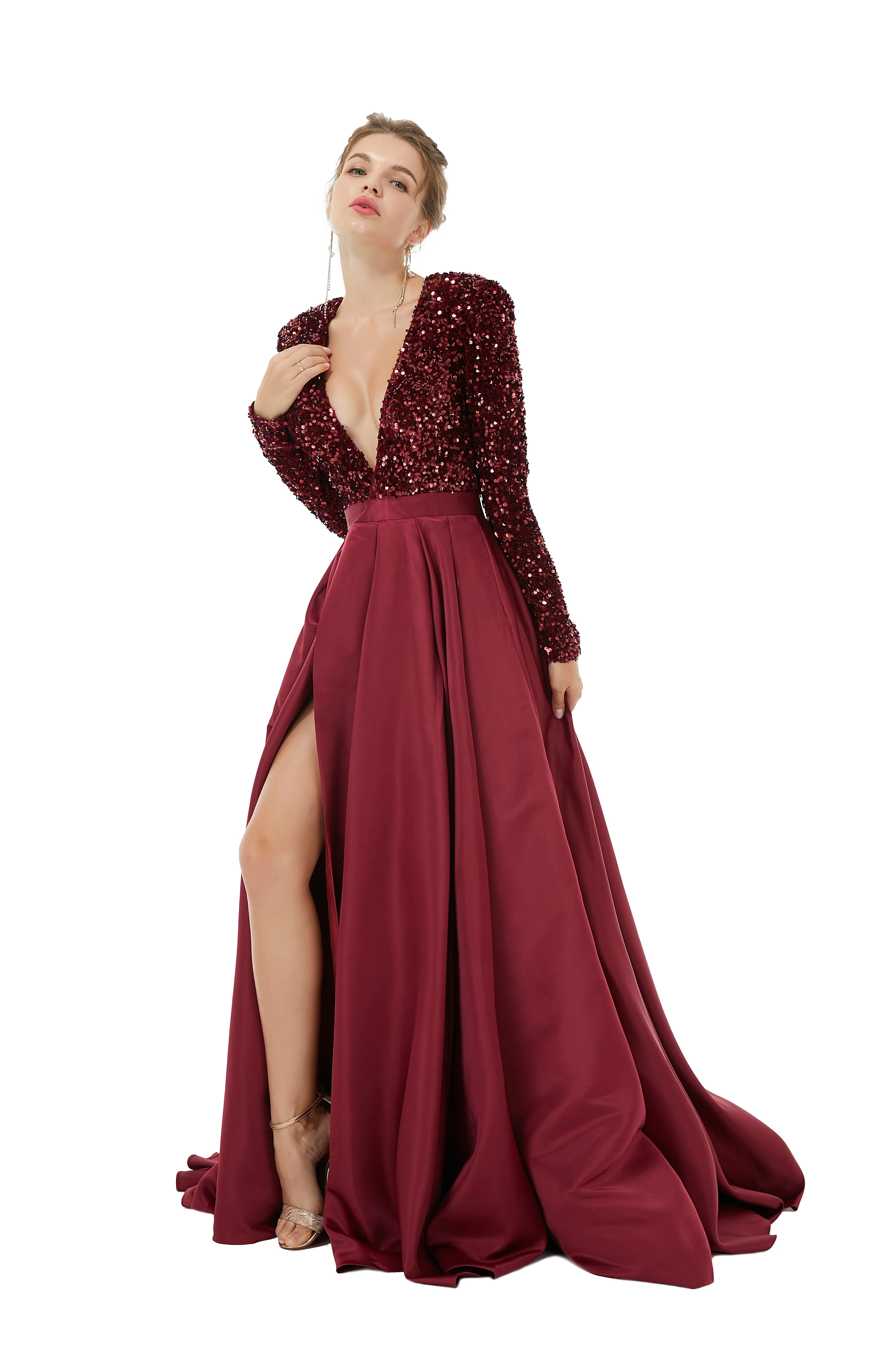 Elegant Long sleeve Deep V-neck Dark green Evening Dress | Ballbella Real Shooting - Image 22