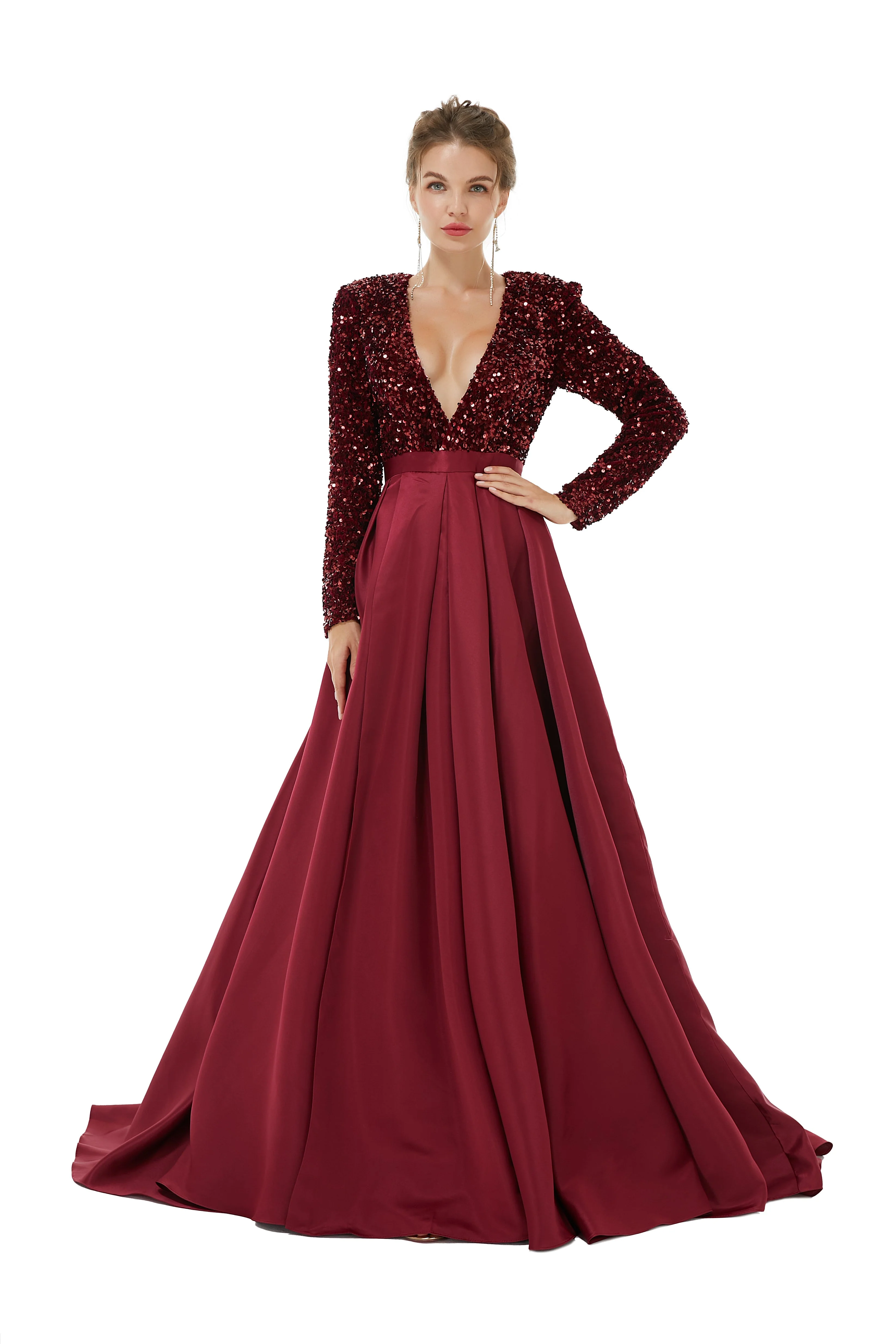 Elegant Long sleeve Deep V-neck Dark green Evening Dress | Ballbella Real Shooting - Image 23