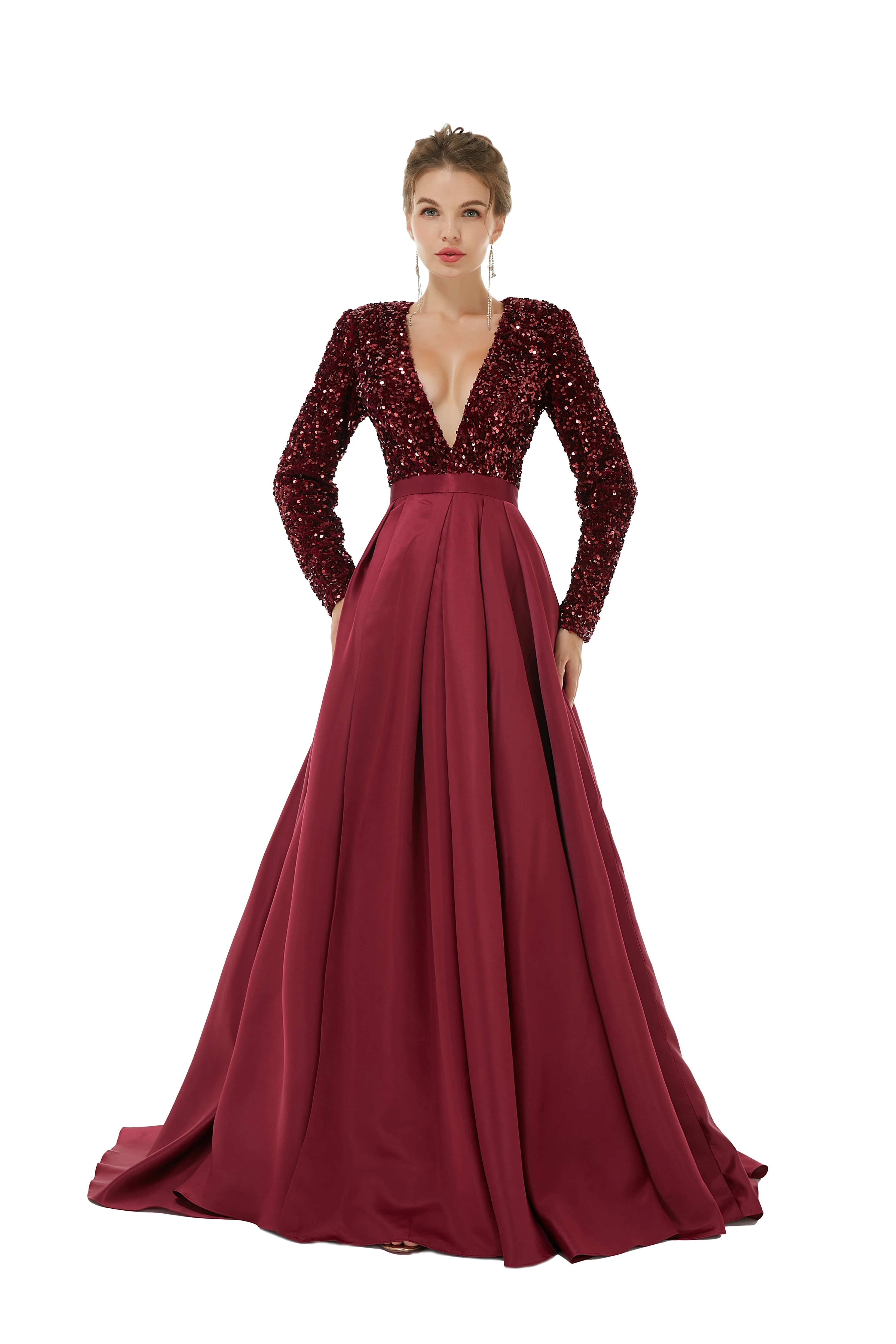Elegant Long sleeve Deep V-neck Dark green Evening Dress | Ballbella Real Shooting - Image 24