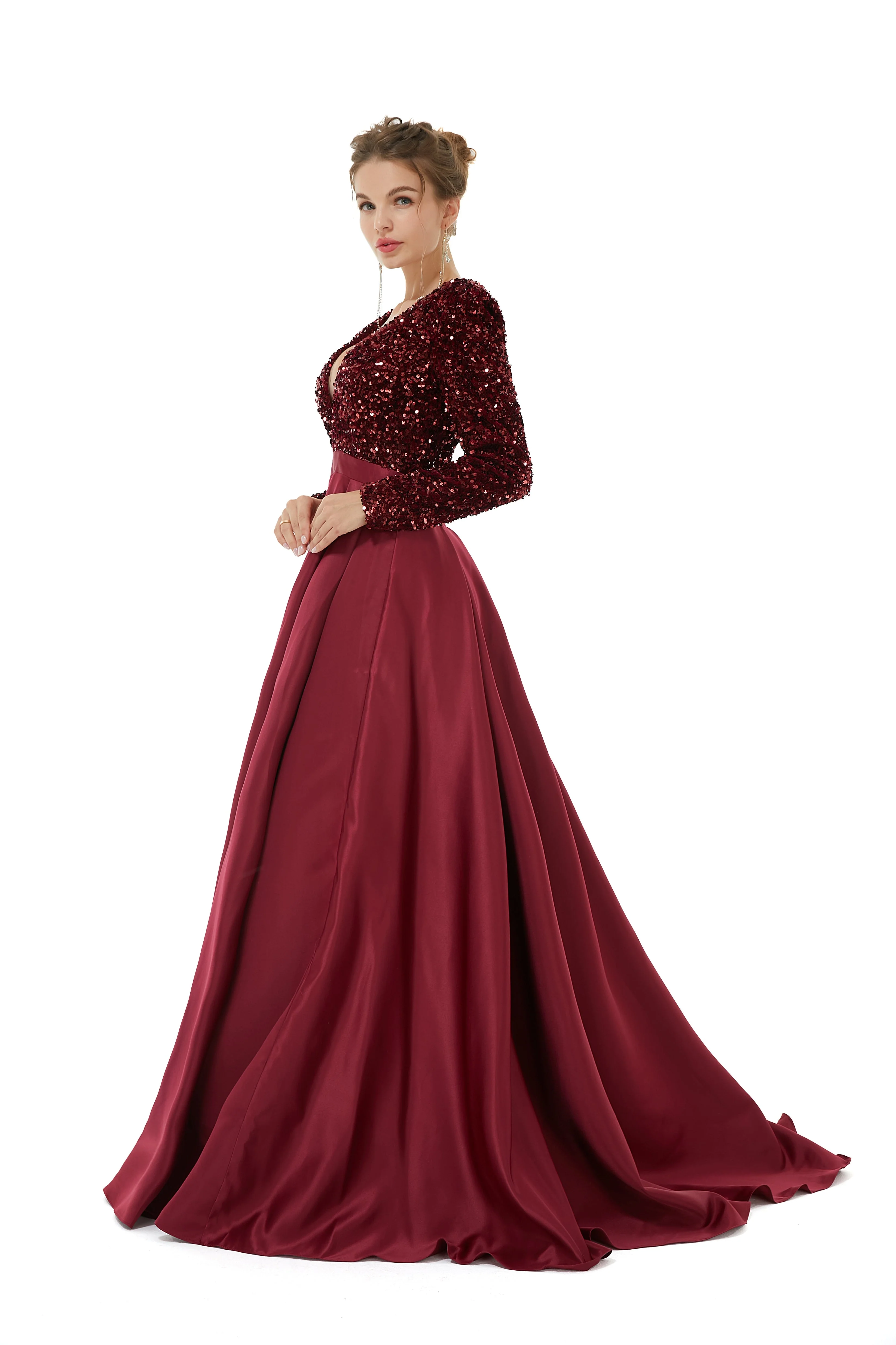 Elegant Long sleeve Deep V-neck Dark green Evening Dress | Ballbella Real Shooting - Image 25