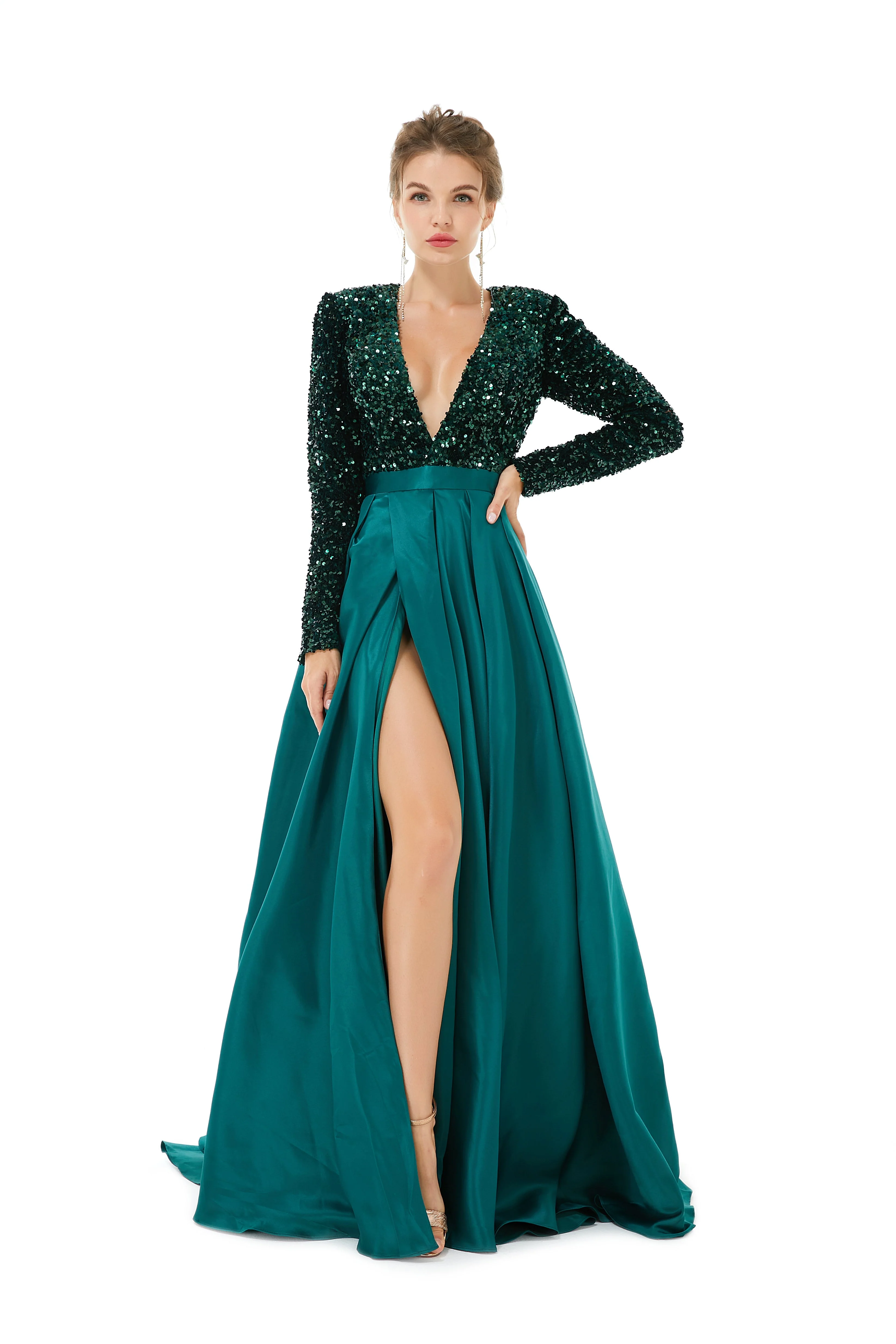 Elegant Long sleeve Deep V-neck Dark green Evening Dress | Ballbella Real Shooting - Image 3
