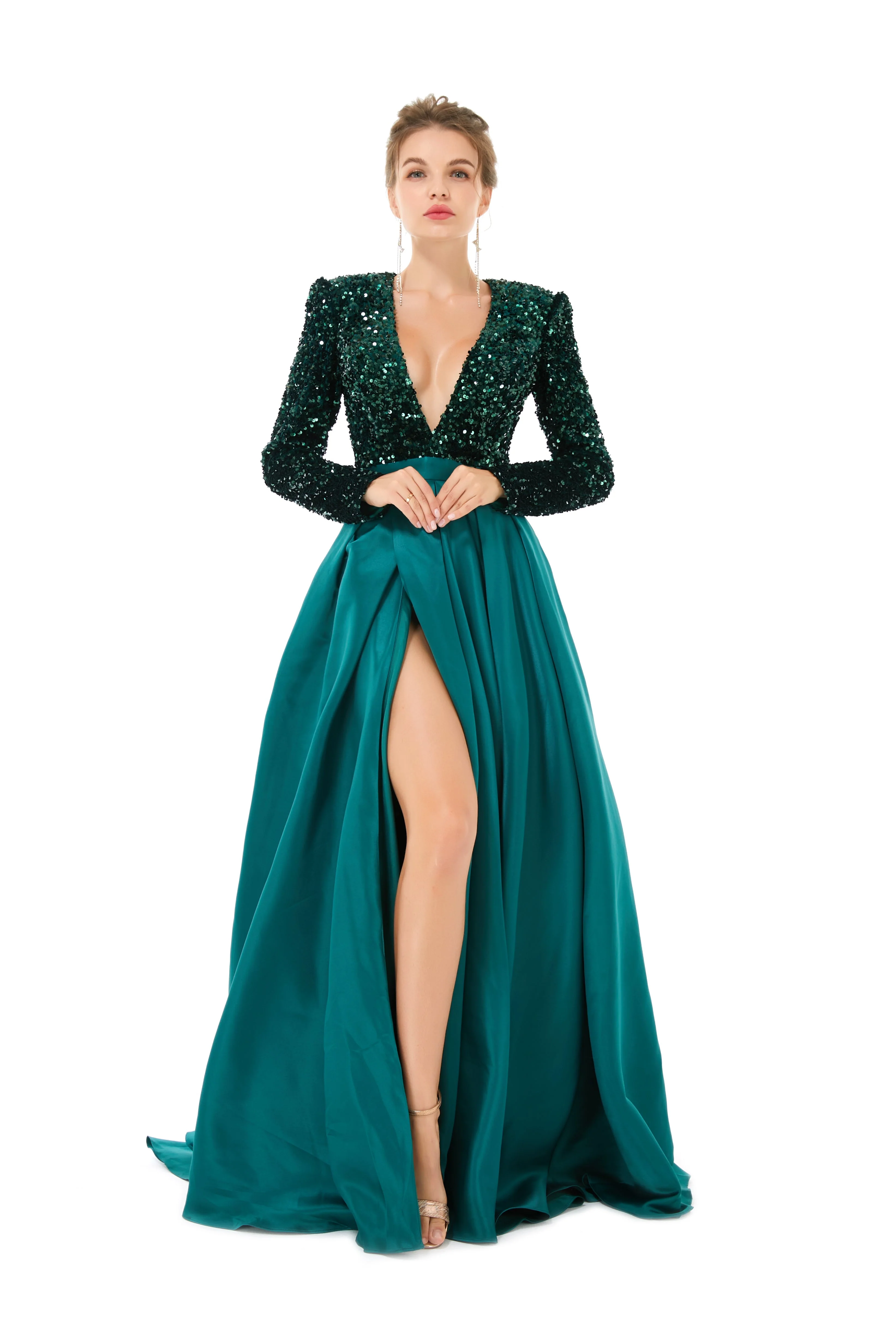 Elegant Long sleeve Deep V-neck Dark green Evening Dress | Ballbella Real Shooting - Image 4