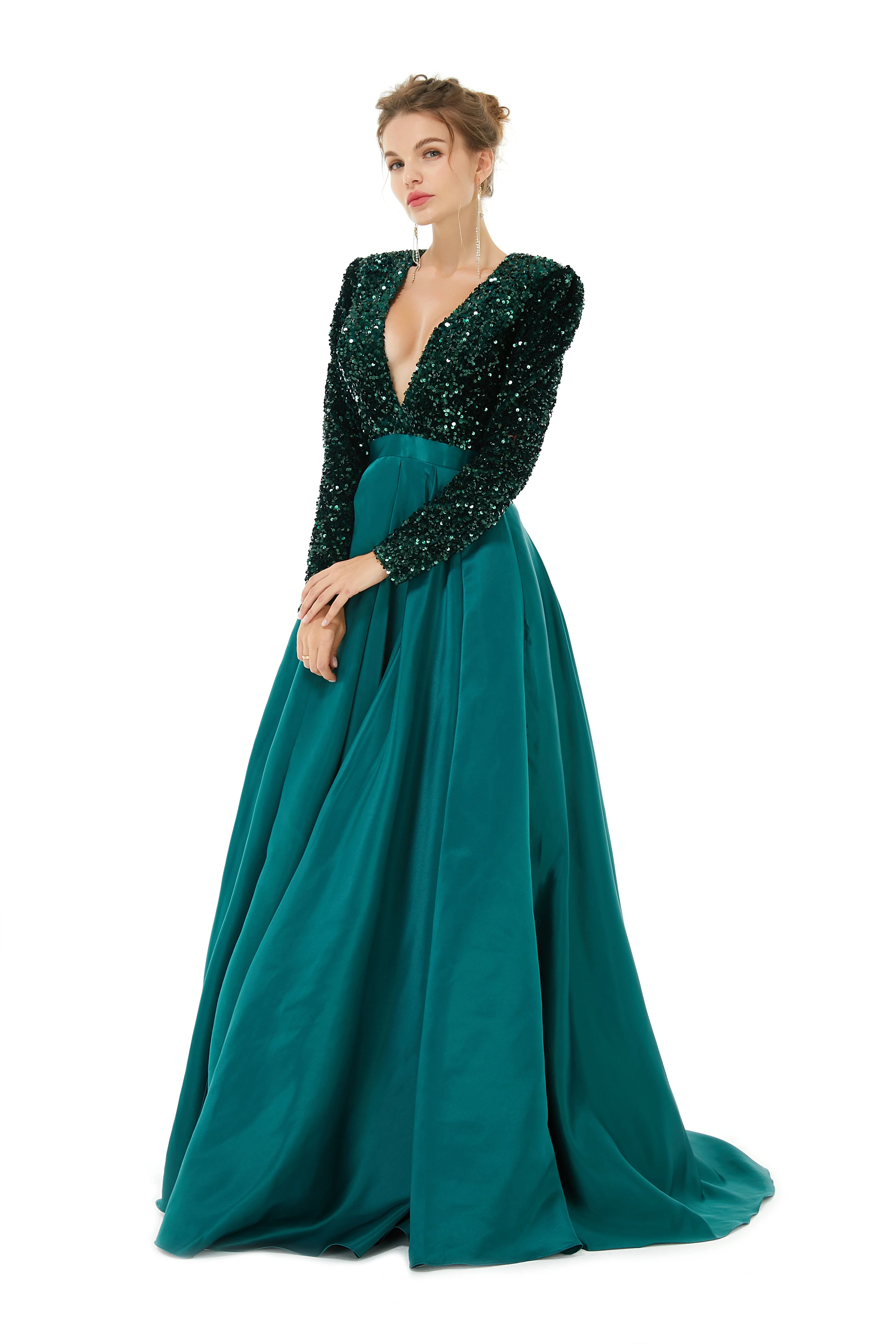 Elegant Long sleeve Deep V-neck Dark green Evening Dress | Ballbella Real Shooting - Image 5