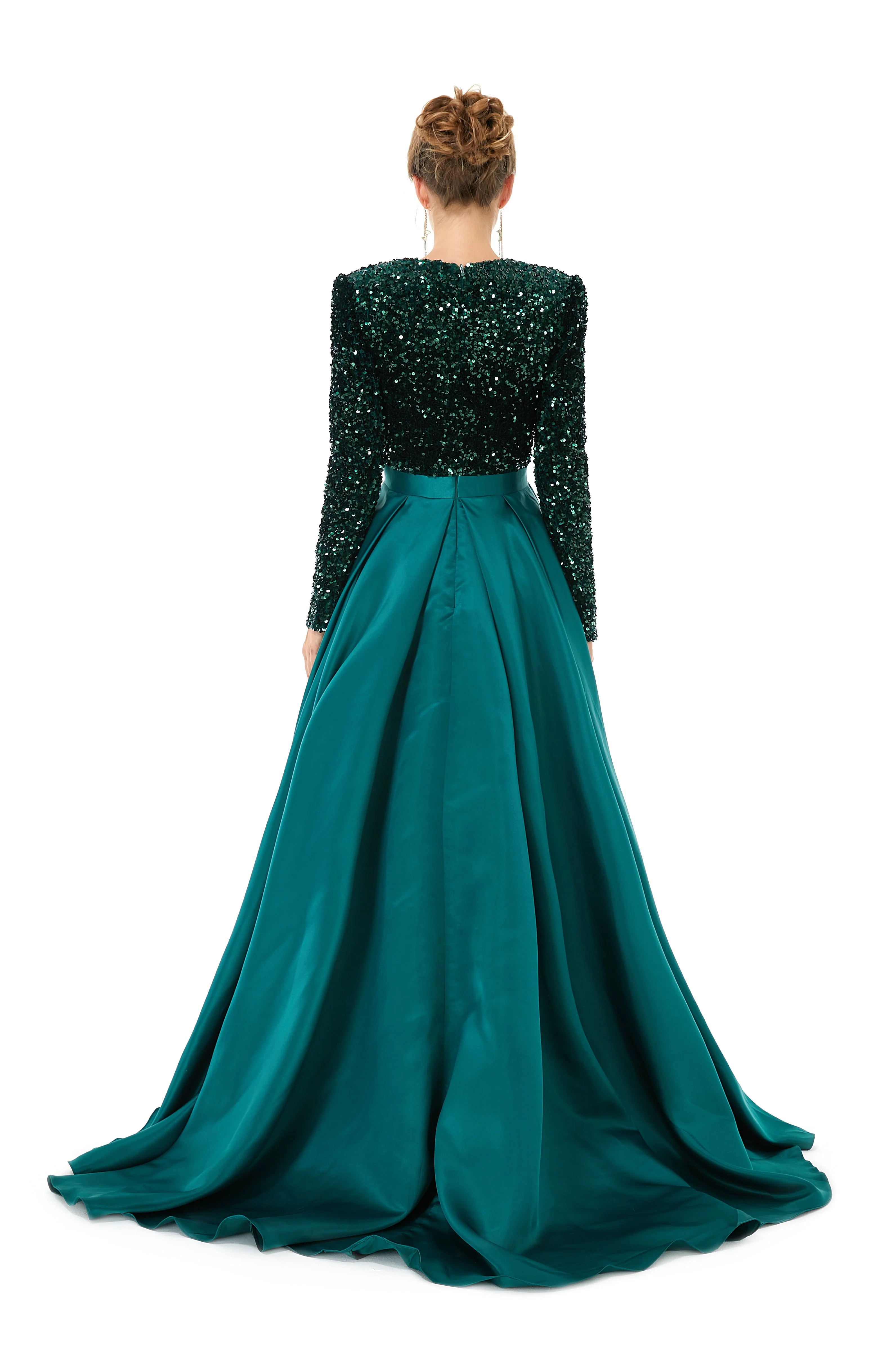 Elegant Long sleeve Deep V-neck Dark green Evening Dress | Ballbella Real Shooting - Image 6