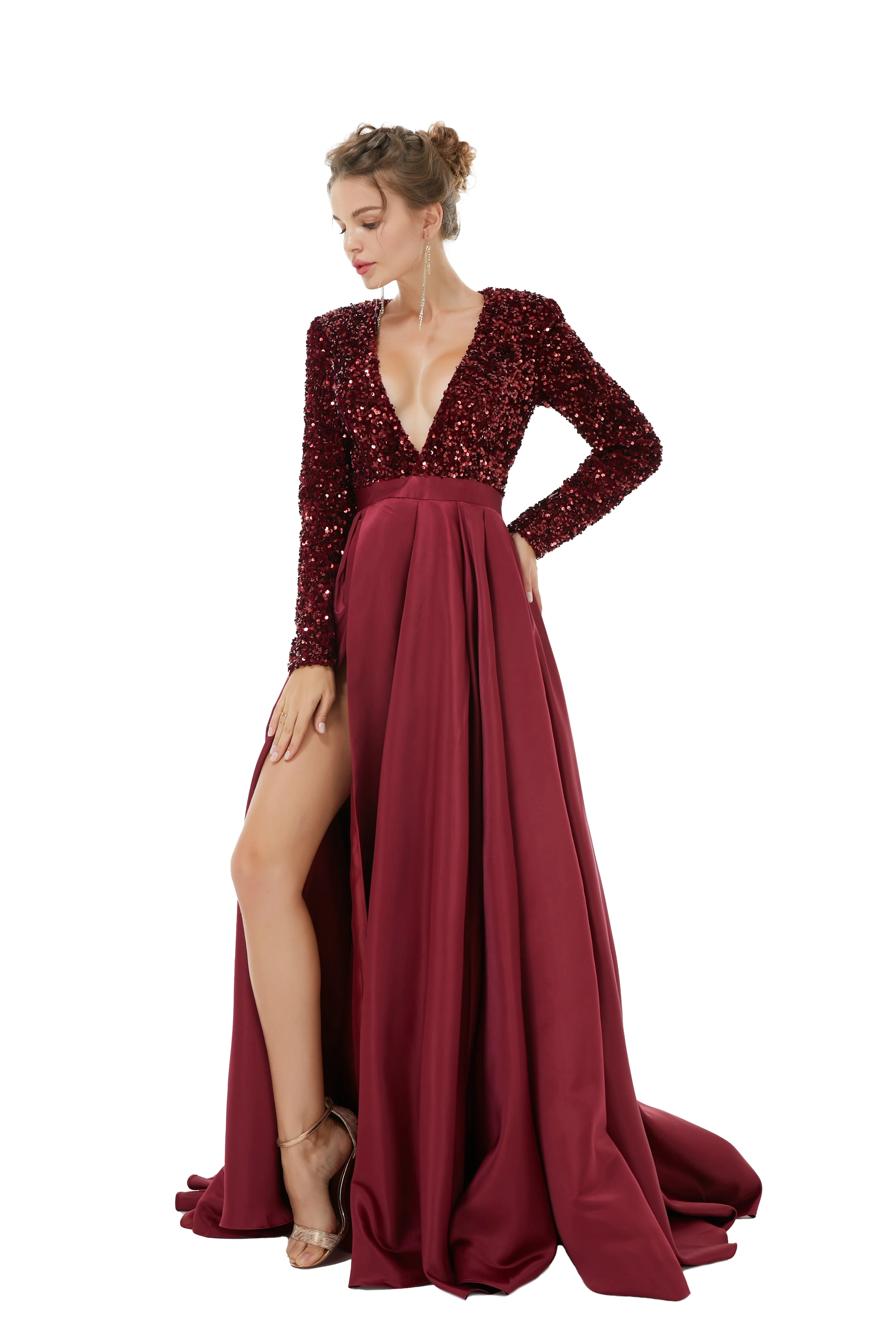 Elegant Long sleeve Deep V-neck Dark green Evening Dress | Ballbella Real Shooting - Image 9