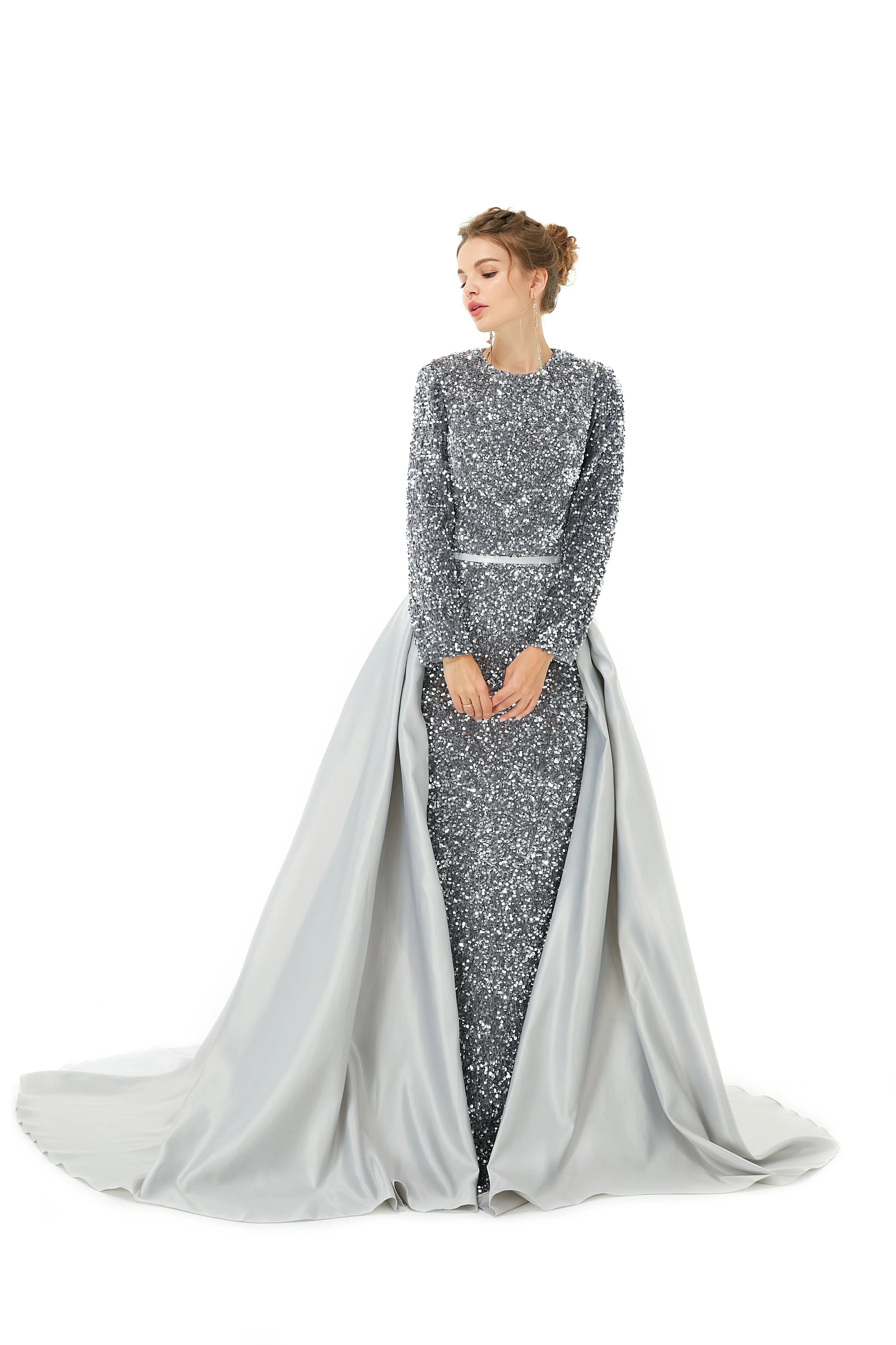 Elegant Long sleeve Sequin Evening Dress with Detachable Skirt | Ballbella Real Shooting - Image 14