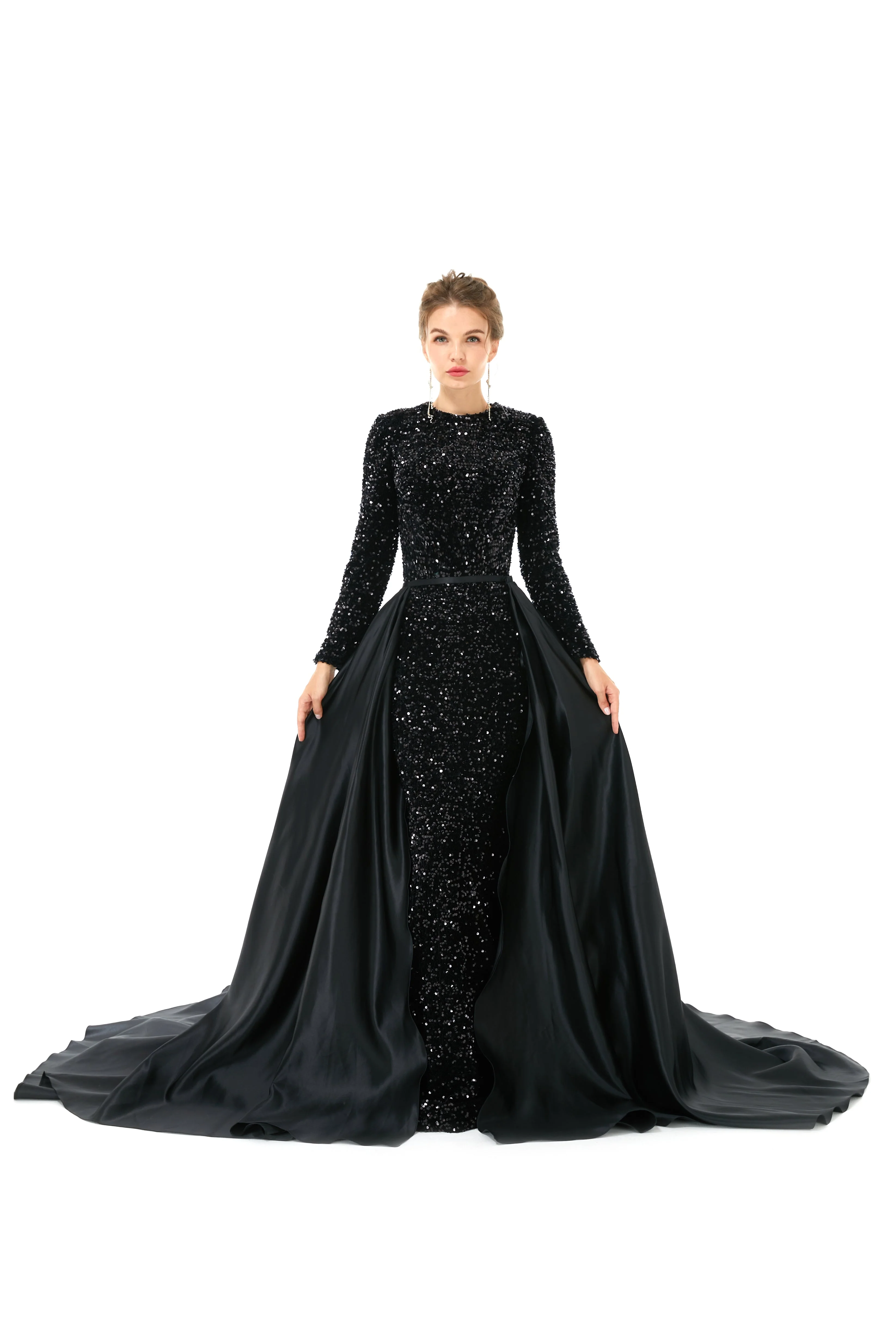 Elegant Long sleeve Sequin Evening Dress with Detachable Skirt | Ballbella Real Shooting - Image 4