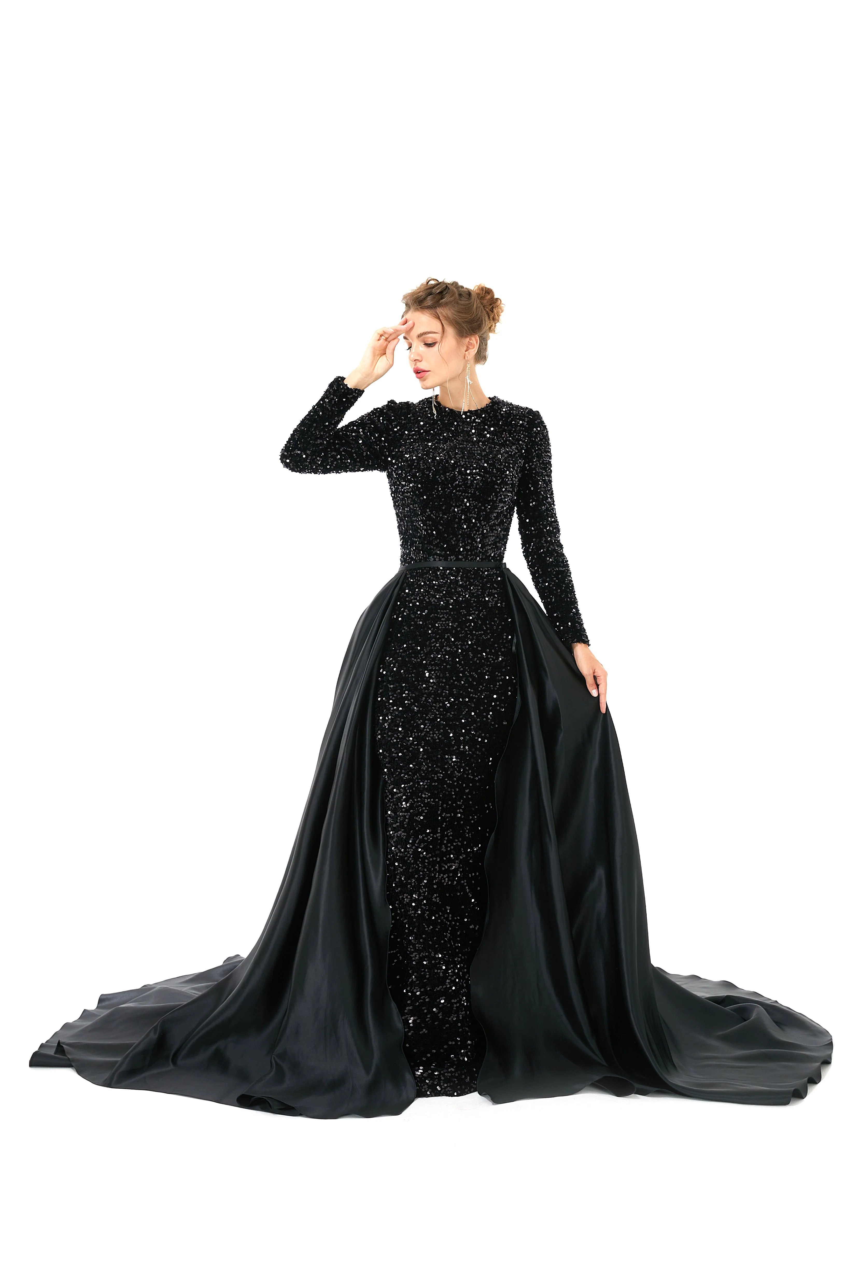 Elegant Long sleeve Sequin Evening Dress with Detachable Skirt | Ballbella Real Shooting - Image 5