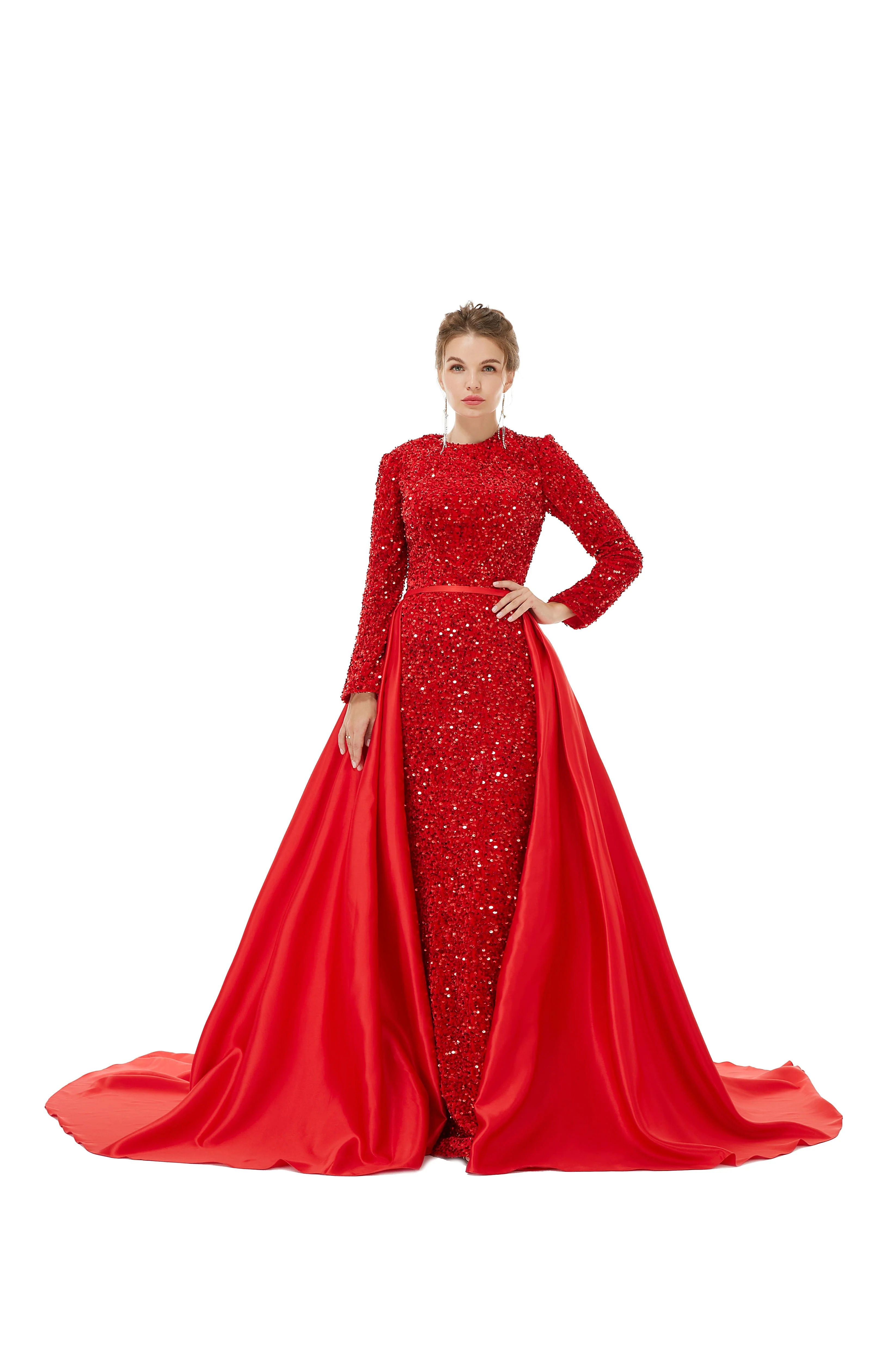 Elegant Long sleeve Sequin Evening Dress with Detachable Skirt | Ballbella Real Shooting - Image 8