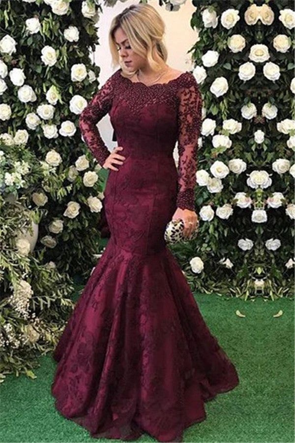 Elegant Long Sleeves Burgundy Evening Dress Mermaid Lace Appliques - Image 2
