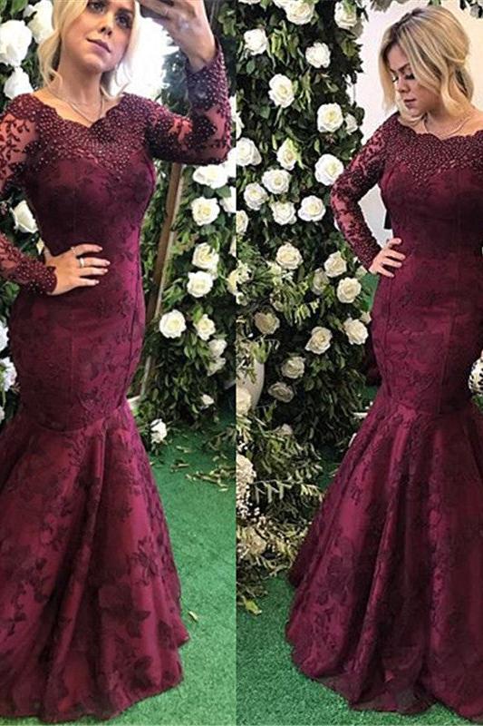 Elegant Long Sleeves Burgundy Evening Dress Mermaid Lace Appliques - Image 3