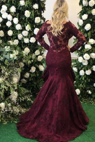 Elegant Long Sleeves Burgundy Evening Dress Mermaid Lace Appliques - Image 4