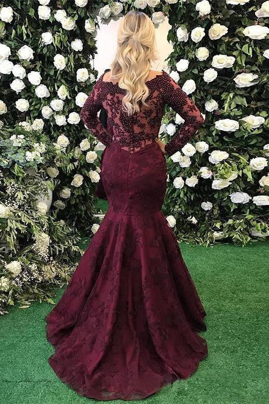 Elegant Long Sleeves Burgundy Evening Dress Mermaid Lace Appliques - Image 5