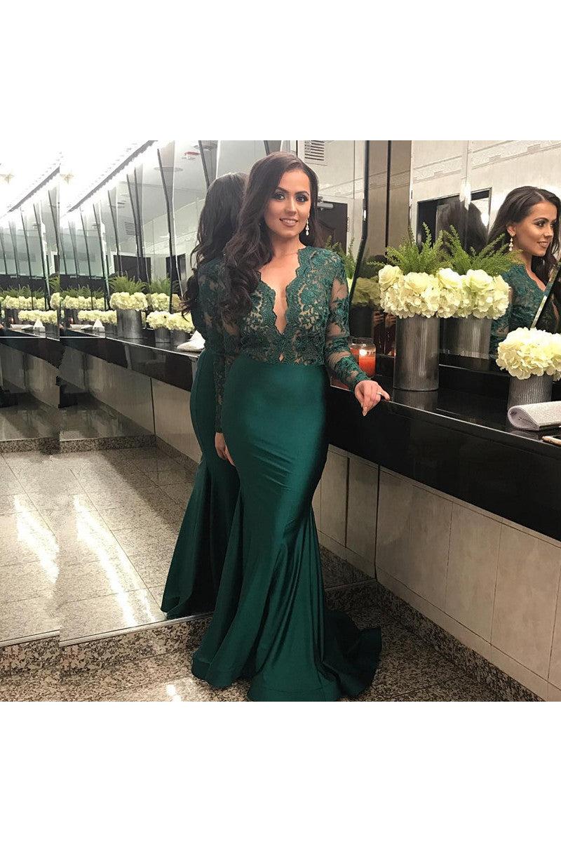 Elegant Long Sleeves Lace Prom Party GownsMermaid Green Women's Party Dress - Image 3