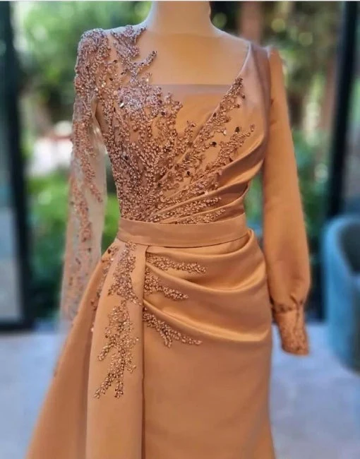 Elegant Long Sleeves Prom Dress Floral Evening Party Dress with Side Sweep Train - Image 2