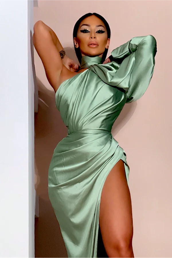 Elegant Puffy Long Sleeves Prom Dress High Neck Party Dress With Split - Image 2
