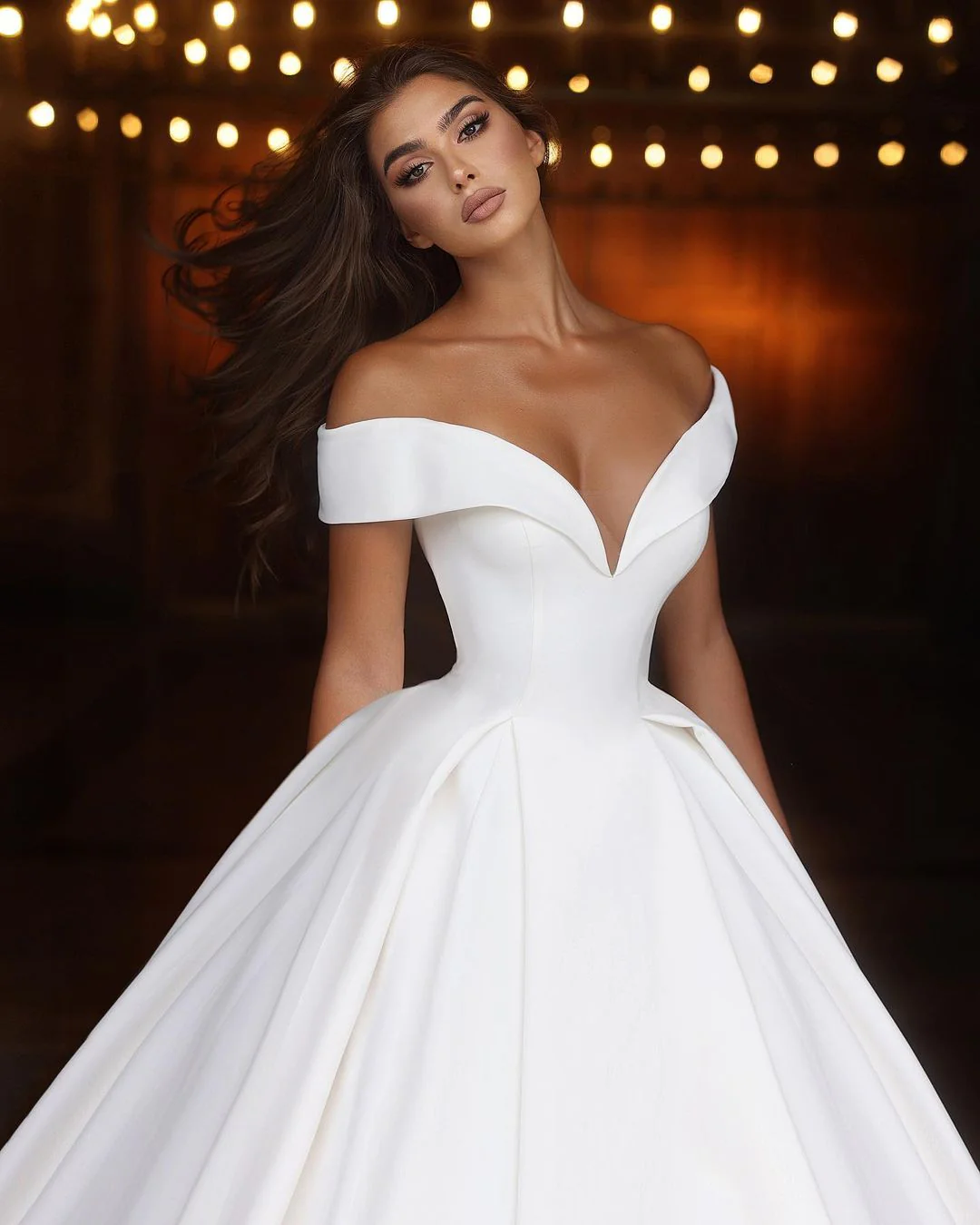 Classic Long White A-line Off-the-shoulder V-neck Satin Wedding Dress - Image 2